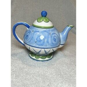1998 Julia Junkin / Enesco Lidded Teapot Blue Floral  EUC